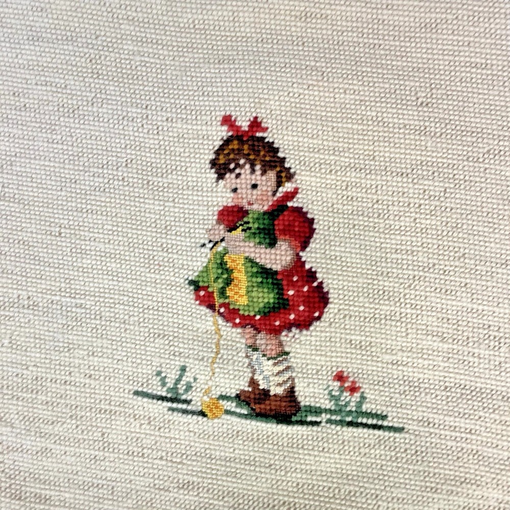 Hummel Girl Needlepoint Vintage Embroidery Red Dress Child Completed 12x11.5
